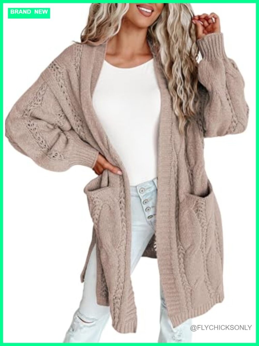 Womens Long Open Front Cardigan Knit Lantern Sleeve Side Split Sweater